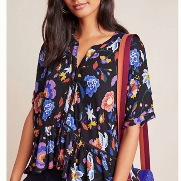 Anthropologie Black Floral Blouse Top 
